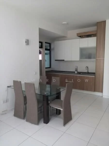 Dining features: glass dining table, 4 upholstered dining chairs, white walls, tile flooring, kitchen cabinetry with wood finish, stainless-steel sink, chrome faucet, countertop with dark surface, built-in kitchen appliances, window with natural light; style: modern.