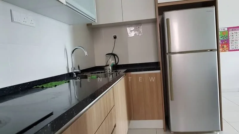 Kitchen features: black granite countertop, wood cabinetry, stainless-steel fridge, single-bowl stainless-steel sink, chrome pull-down faucet, white tiled walls, ceramic tile flooring, built-in oven, kitchen towel on countertop; style: modern.