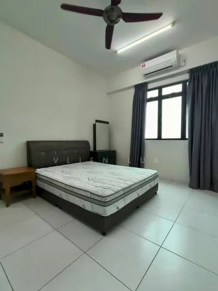Bedroom features: queen-size bed, upholstered headboard, 2 bedside tables, floor-to-ceiling window, grey curtains, wall-mounted split AC, ceiling fan, white painted walls, tile flooring, mirror on dresser; style: modern.
