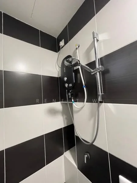 Bathroom features: black and white striped wall tiles, shower panel with multiple controls, handheld shower head, wall-mounted shower fixture, chrome finish on fixtures, water outlet, built-in shower niche; style: modern.