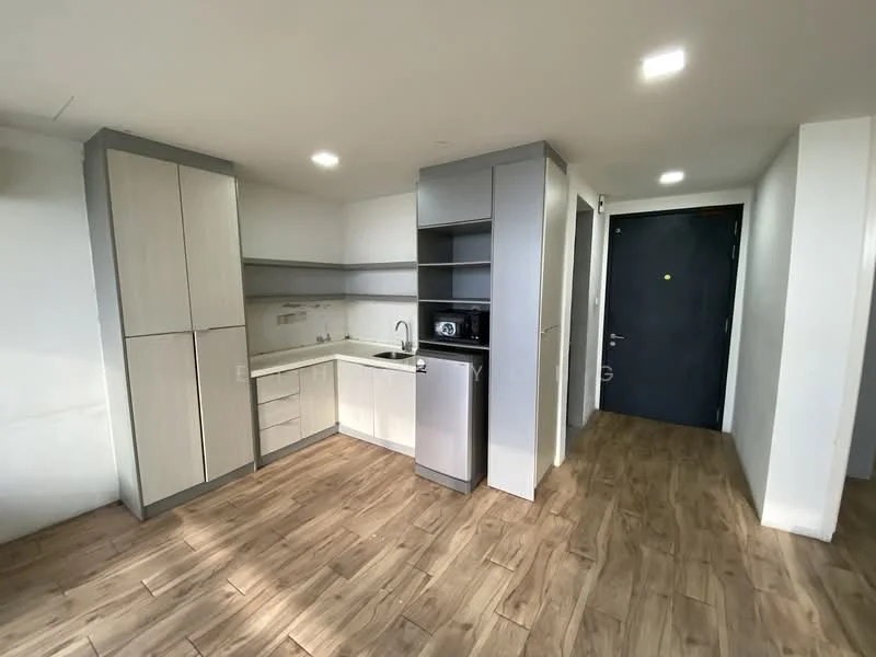 Kitchen features: white cabinetry, grey upper cabinets, single-bowl stainless-steel sink, chrome pull-down faucet, built-in microwave, stainless-steel fridge, countertop with space for appliances, wood-look laminate flooring, recessed LED downlights, wall-mounted cabinets, open shelving, neutral wall colour; style: modern.