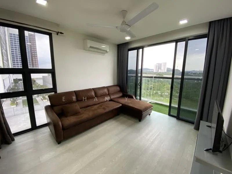 Living features: L-shape sectional sofa in brown, floor-to-ceiling windows, curtains in grey, light-colored laminate flooring, wall-mounted TV, ceiling fan, air conditioning unit, decorative wall with minimal decor; style: modern; view: garden.