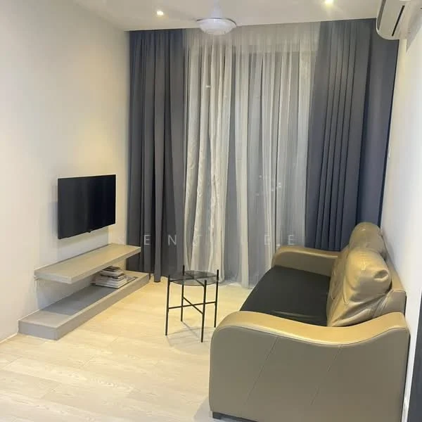 Living features: 3-seater leather sofa in beige, wall-mounted TV, TV console with shelf, glass side table, floor-to-ceiling windows, sheer curtains, dark grey curtains, light wood flooring, 1 ceiling fan, recessed downlights, air conditioning unit; style: modern.