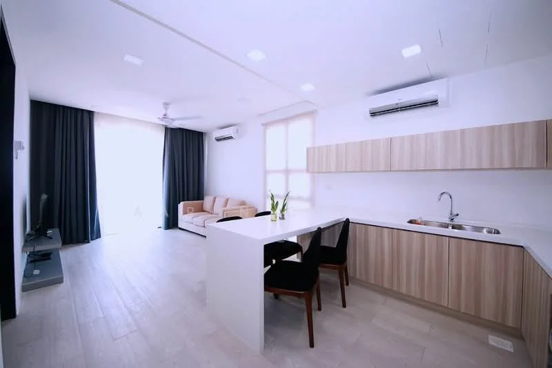 Living features: light wood flooring, white painted walls, 5-blade ceiling fan with light, floor-to-ceiling windows, blackout curtains, sofa in beige, TV console, wall-mounted TV, recessed LED downlights; style: modern. Kitchen features: white quartz countertop, light wood cabinetry, single-bowl stainless-steel sink, chrome pull-down faucet, built-in appliances, open-plan layout; style: modern.