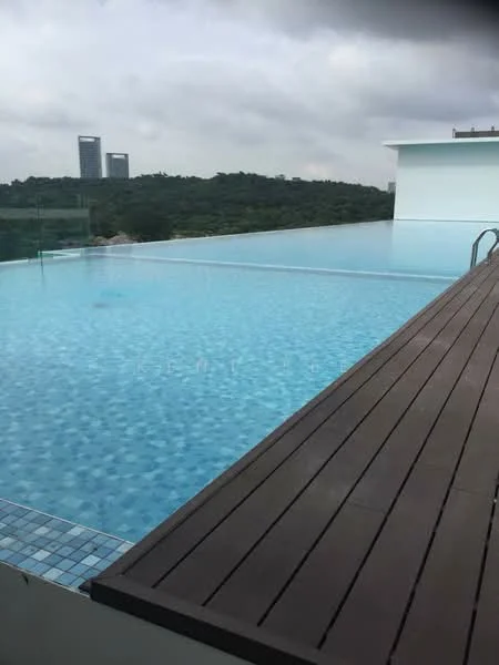 Exterior type: swimming pool deck; features: infinity pool, wooden deck, blue mosaic tile, surrounded by greenery, city skyline in background, glass railing; style: modern.