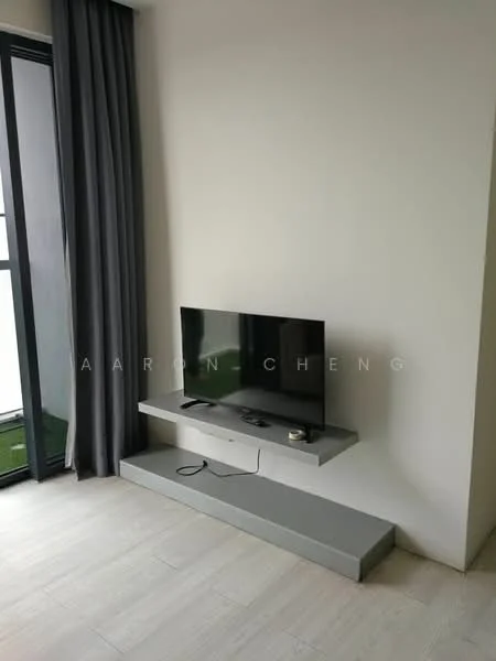 Living features: light grey wall, white painted walls, light wood flooring, wall-mounted TV, floating TV console in grey, curtains in dark grey, greenery visible outside through window, minimalist decor; style: modern; view: garden.