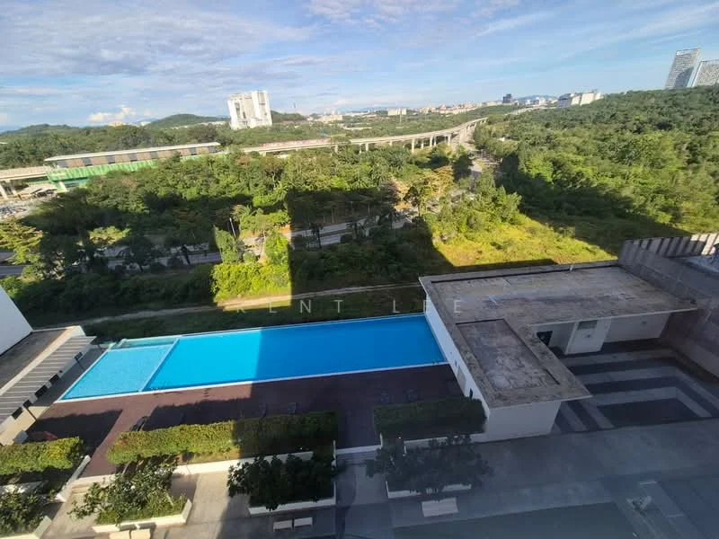 Exterior type: high-rise condominium; features: infinity pool, pool deck with loungers, landscaped garden, surrounded by greenery, view of hills, adjacent highway, modern architecture; style: modern.