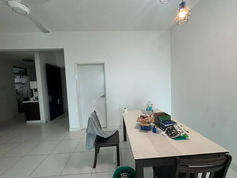 Dining features: white painted walls, tile flooring, dining table, black dining chair, pendant light fixture, ceiling fan, door to another room, open layout, decorative items on table; style: modern. Room features: white painted walls, tile flooring, doorway to kitchen, open layout.