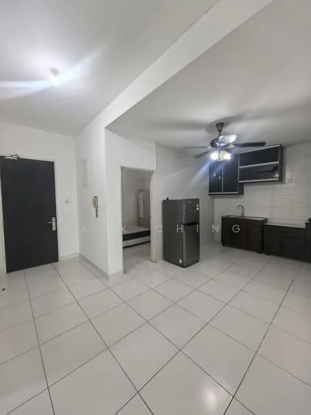 Kitchen features: white painted walls, tile flooring, ceiling fan, stainless-steel fridge, dark wood cabinetry, black countertop, sink, built-in oven, open layout, light fixtures; style: modern. Room features: white painted walls, tile flooring, doorway, light fixture.