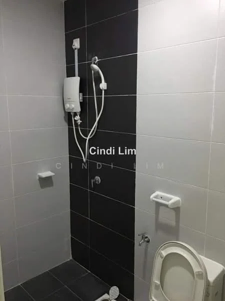 Bathroom features: black and white tiled walls, shower with wall-mounted shower head, water heater unit, toilet, shower floor drain, soap holder, toilet paper holder; style: modern.