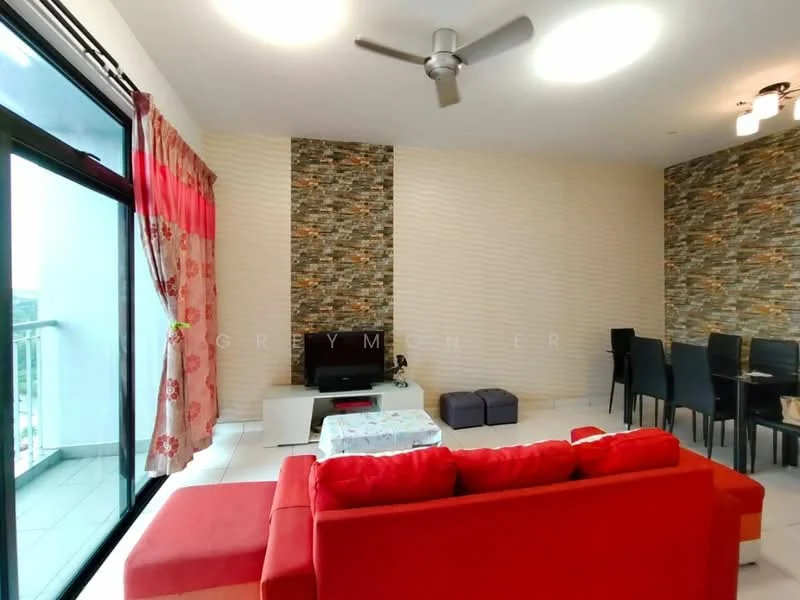Living features: red fabric sofa, coffee table, wall-mounted TV, TV console, dining table with black chairs, floor-to-ceiling windows, sliding glass door, curtains with floral pattern, stone accent wall, white painted walls, ceiling fan with light, area rug; style: modern; view: city.