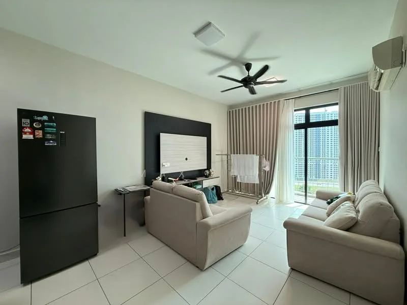 Living features: 3-seater fabric sofa in light beige, 2-seater fabric sofa in light beige, coffee table, wall-mounted TV, TV console, floor-to-ceiling windows, sheer curtains, ceiling fan, air conditioning unit, white painted walls, tile flooring; style: modern; view: city.