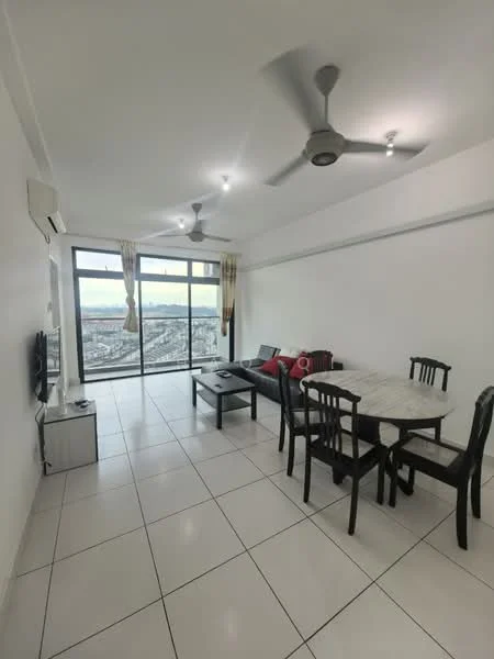 Living features: white painted walls, ceramic tile flooring, 5-blade ceiling fan with light, floor-to-ceiling windows, black dining table with four chairs, sofa with red and black cushions, TV console, wall-mounted TV, sheer curtains; style: modern; view: city.