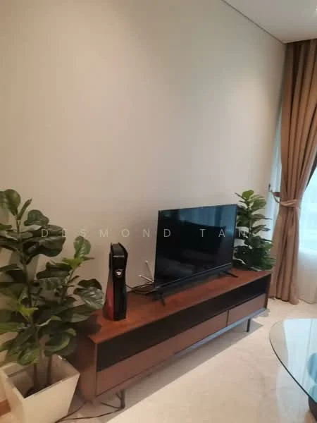 Living features: light grey painted walls, white ceiling, marble flooring, wooden TV console, wall-mounted TV, decorative plants in pots, curtains, floor-to-ceiling window; style: modern.