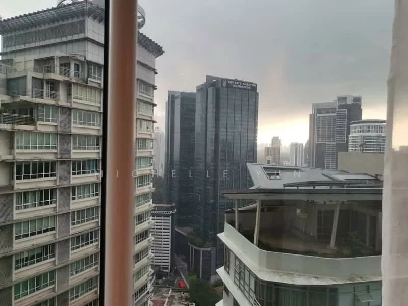 Exterior type: high-rise condominium; features: glass curtain wall, recessed balconies, city skyline view, surrounded by urban buildings, modern architectural design; style: contemporary.