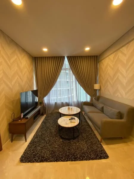 Living features: grey fabric sofa, round marble coffee table, black area rug, wall-mounted TV, wooden TV console, floor-to-ceiling windows, sheer curtains, drapes, recessed lighting, cream painted walls, marble flooring; style: modern.