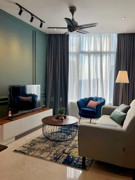 Living features: 3-seater fabric sofa in light grey, accent chair in blue, coffee table with round metal base, area rug with abstract pattern, wall-mounted TV, floor-to-ceiling windows with sheer curtains, ceiling fan with 5 blades, recessed downlights, decorative lamp, wall with dark green paint, light marble flooring; style: modern; view: city.