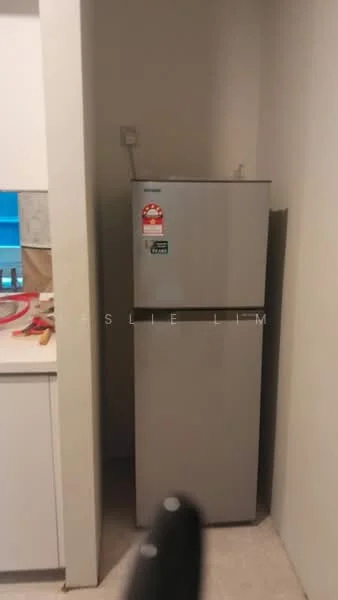 Kitchen features: fridge, white cabinetry, countertop, tile backsplash, kitchen utensils, flooring, wall, light switch.