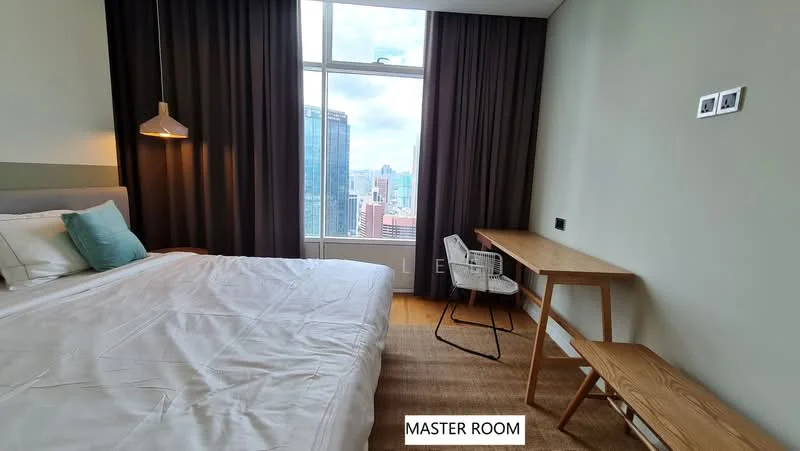Bedroom features: king-size bed with white bedding, upholstered headboard, floor-to-ceiling windows, city view, wooden flooring, desk with chair, pendant light, dark curtains, area rug, wall-mounted power outlets; style: modern; view: city.