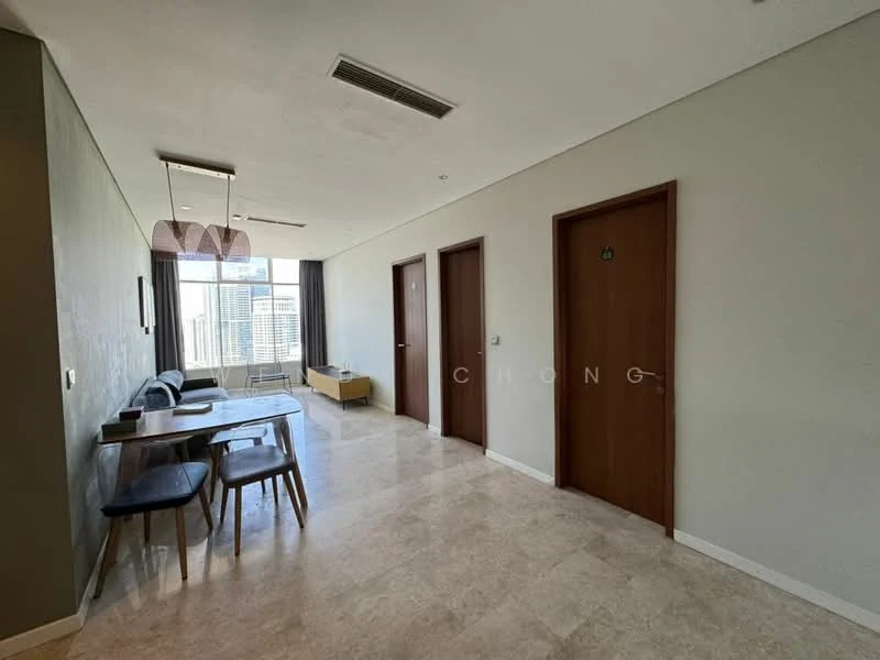 Room features: cream painted walls, marble tile flooring, recessed downlights, floor-to-ceiling windows, wooden doors, dining table with 4 chairs, sideboard, air conditioning vent; style: modern; view: city.