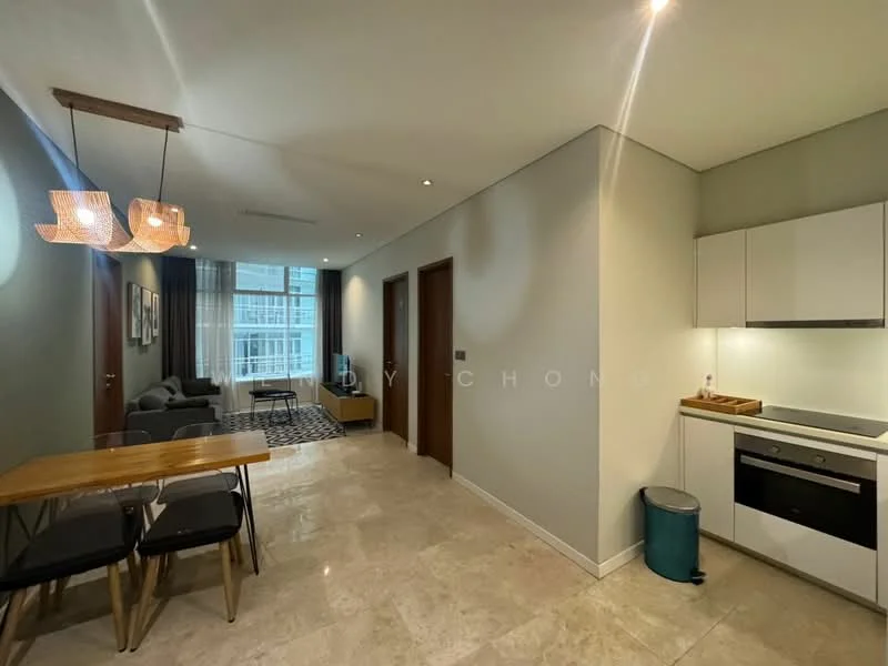 Living features: marble tile flooring, white painted walls, recessed downlights, floor-to-ceiling windows, sheer curtains, 3-seater fabric sofa in grey, coffee table, area rug with geometric pattern, dining table with 4 chairs, built-in kitchen cabinetry, stainless-steel range hood, built-in oven, microwave, kitchen countertop, kitchen sink; style: modern; view: city.