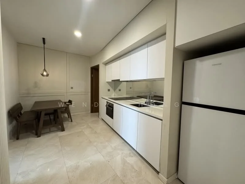 Kitchen features: white cabinetry, stainless-steel sink, chrome pull-down faucet, built-in oven, freestanding range oven, stainless-steel fridge, ceramic tile flooring, pendant light, dining table with wooden finish, 4 dining chairs, wall-mounted cabinets, countertop with backsplash; style: modern.