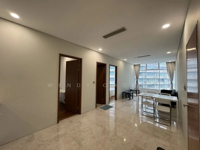 Room features: marble tile flooring, white painted walls, recessed downlights, two wooden doors, large windows with sheer curtains, dining table with chairs, open layout, neutral color palette; style: modern; view: city.