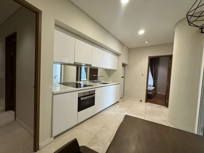Kitchen features: white cabinetry, built-in oven, stainless-steel cooktop, black countertop, double-bowl stainless-steel sink, chrome pull-down faucet, mirror backsplash, marble tile flooring, recessed downlights; style: modern. Dining features: wood dining table, dark wooden chairs; style: modern.