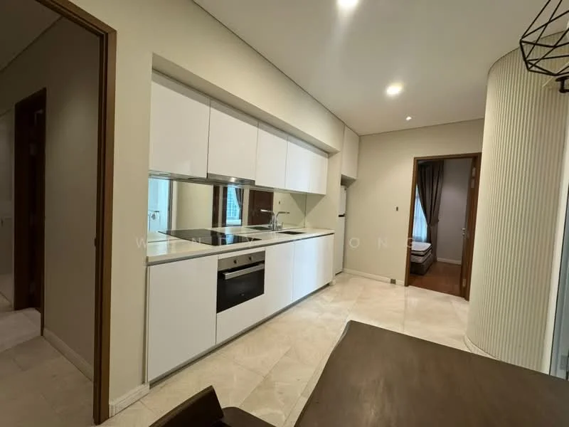 Kitchen features: white cabinetry, stainless-steel built-in oven, stainless-steel cooktop, stainless-steel range hood, double-bowl stainless-steel sink, chrome pull-down faucet, mirrored backsplash, marble tile flooring, recessed downlights, open shelving, dining table, wooden dining chairs; style: modern.