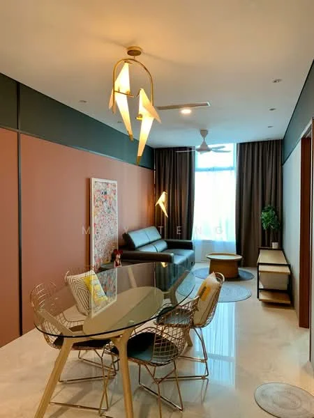 Living features: 3-seater leather sofa in black, glass dining table with wooden legs, 4 metal dining chairs, pendant light fixture with geometric design, ceiling fan, floor-to-ceiling windows, curtains in dark brown, decorative wall art, marble flooring, potted plant, area rug; style: modern; view: city.