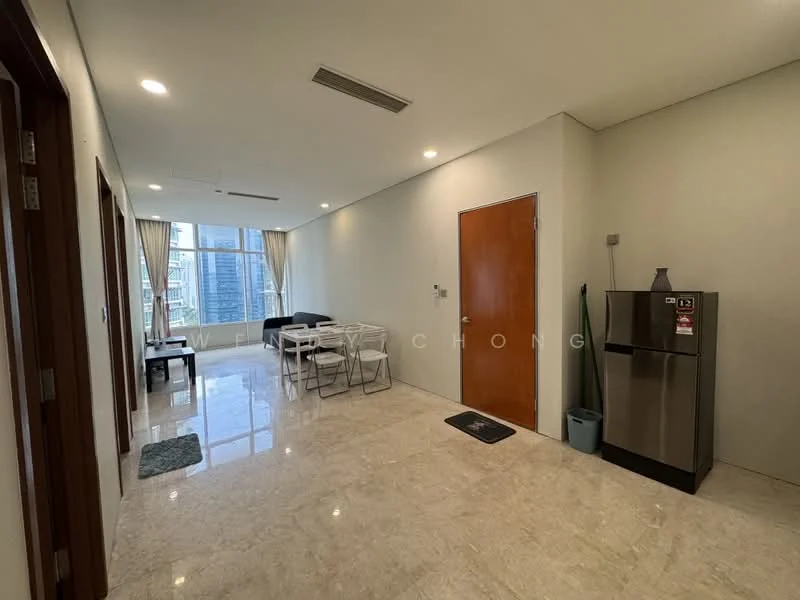Room features: marble tile flooring, white painted walls, large floor-to-ceiling windows, window treatments, dining table with chairs, sofa, refrigerator, door, light fixtures, ceiling with recessed lighting; style: modern; view: city.