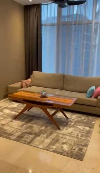 Living features: 3-seater fabric sofa in light grey, wood coffee table with angled legs, area rug with abstract pattern, floor-to-ceiling windows with sheer curtains, dark curtain drapes, recessed downlights, decorative cushions in pink and blue, wall-mounted ceiling fan; style: modern.
