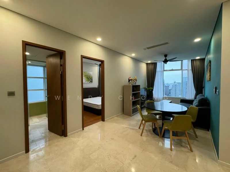 Living features: marble tile flooring, green accent wall, light grey painted walls, 5-blade ceiling fan, floor-to-ceiling windows, round dining table, 4 upholstered dining chairs, decorative wall art, built-in shelving unit, natural light from windows; style: modern; view: city. Room features: wooden door, wooden door, visible bedroom area.