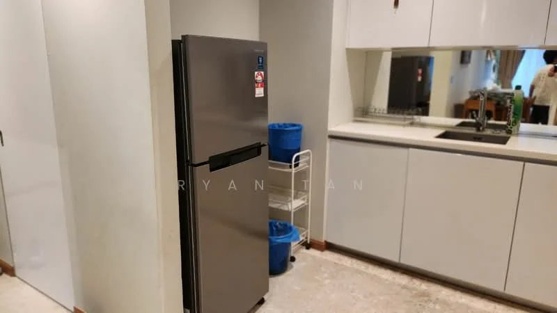 Kitchen features: stainless-steel fridge, white cabinetry, black countertop, single-bowl stainless-steel sink, chrome pull-down faucet, mirror backsplash, open shelving, tile flooring; style: modern.
