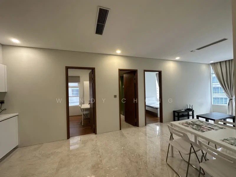 Kitchen features: white cabinetry, marble tile flooring, recessed downlights, open layout; style: modern. Living features: dining table with white chairs, large windows, curtains, marble tile flooring, recessed downlights; style: modern. Bedroom features: wooden door, unknown furnishings, unknown flooring. Bathroom features: wooden door, unknown fixtures.