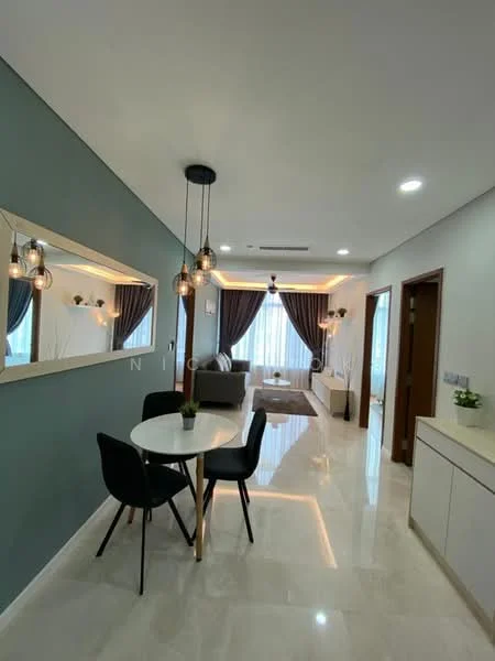 Living features: grey accent wall, white painted walls, marble tile flooring, 5-blade ceiling fan with light, recessed LED downlights, pendant lighting, floor-to-ceiling windows, sheer curtains, sofa in beige, coffee table, decorative mirror, area rug, decorative plants; style: modern; view: city. Dining features: round dining table, 4 black dining chairs, pendant lamps, decorative plant on table; style: modern.