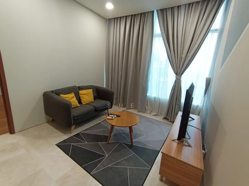 Living features: grey fabric sofa, two yellow accent cushions, round wooden coffee table, area rug with geometric pattern, wall-mounted TV, light-colored walls, floor-to-ceiling windows, sheer curtains, recessed ceiling lights, marble flooring; style: modern.