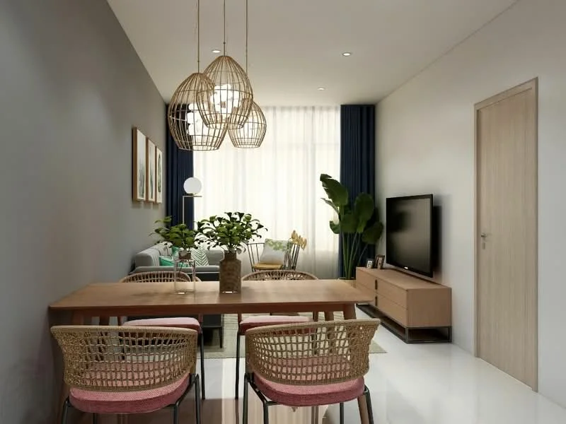 Dining features: wooden dining table, 4 rattan dining chairs, pendant lighting with woven shades, green indoor plant, wall-mounted TV, light grey painted walls, white glossy tile flooring, large window with sheer curtains, decorative wall art, sideboard with storage; style: modern; view: garden. Living features: sofa with cushions, coffee table, floor lamp, decorative throw pillows.