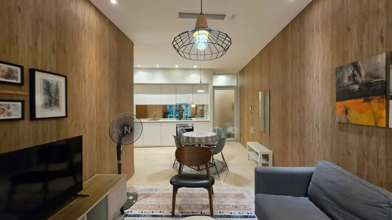 Living features: wood panelled accent wall, recessed ceiling lights, 5-blade ceiling fan with light, 3-seater fabric sofa in blue, wooden coffee table, TV console, wall-mounted TV, area rug with geometric pattern, decorative artwork on wall, round dining table with chairs, open kitchen layout; style: modern.