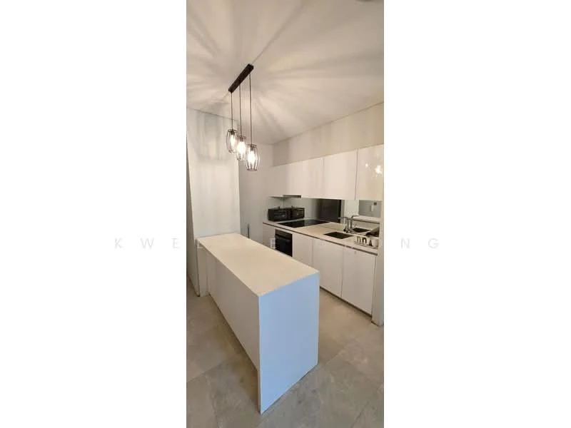 Kitchen features: white cabinetry, marble countertop, stainless-steel built-in oven, stainless-steel microwave, stainless-steel fridge, 4-burner gas hob, stainless-steel range hood, pendant lighting with multiple bulbs, tile flooring, open layout, backlit upper cabinets; style: modern.