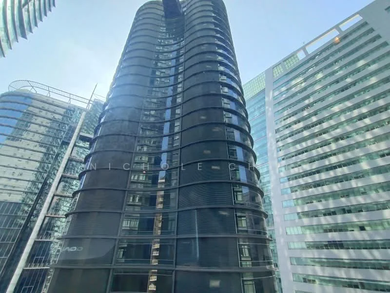 Exterior type: high-rise condominium; features: glass curtain wall, black facade, recessed balconies, approximately 30-storey high-rise, surrounded by urban skyline, modern architectural design; style: modern.