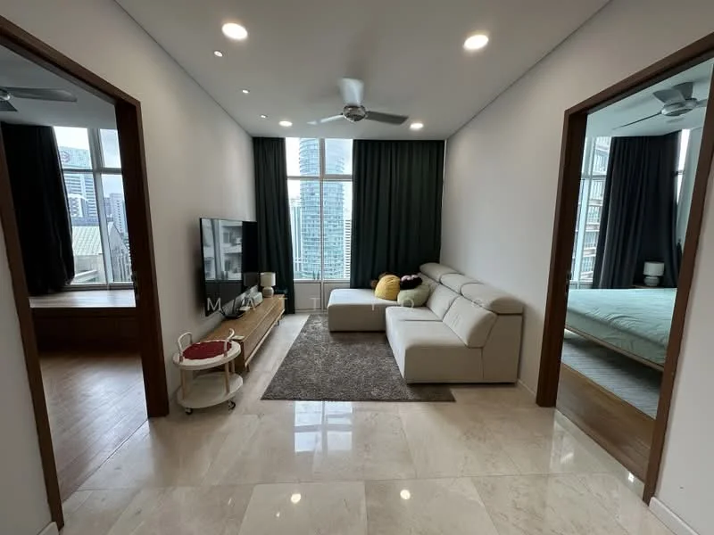 Living features: 3-seater fabric sofa in light grey, coffee table, TV console, wall-mounted TV, area rug, floor-to-ceiling windows, curtains in dark green, ceiling fan, wooden flooring, decorative cushions; style: modern; view: city. Bedroom features: king-size bed, bedside lamps, window with curtains, wooden flooring; style: modern; view: city.