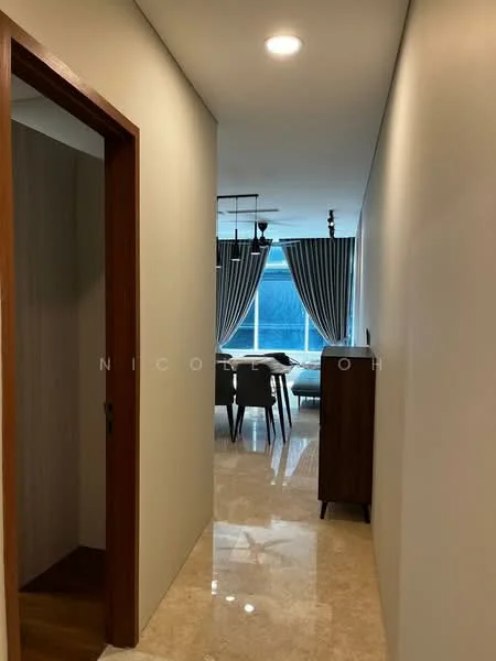 Hallway features: cream painted walls, marble tile flooring, recessed downlights, wooden door, floor-to-ceiling windows, curtains with vertical stripes, dining table with chairs visible in background, console cabinet; style: modern; view: city.