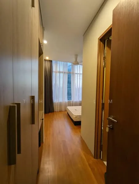 Room features: wooden flooring, white painted walls, floor-to-ceiling windows, sheer curtains, ceiling fan, built-in wardrobe, door with handle, light fixtures; style: modern; view: city.