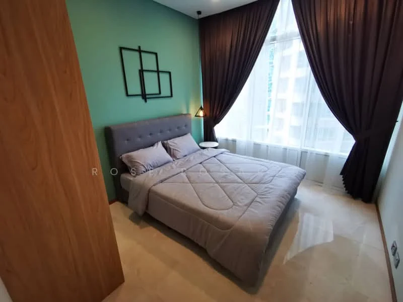 Bedroom features: queen-size bed with grey bedding, upholstered headboard, wooden bedside table, table lamp, floor-to-ceiling windows, sheer curtains, dark brown curtains, green accent wall, cream marble flooring, decorative wall art; style: modern; view: city.