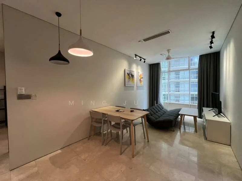 Living features: grey fabric sofa, wood dining table, 4 dining chairs, wall-mounted TV, white TV console, pendant light, recessed downlights, ceiling fan, large windows with curtains, marble tile flooring, neutral painted walls, decorative artwork on walls; style: modern; view: city.