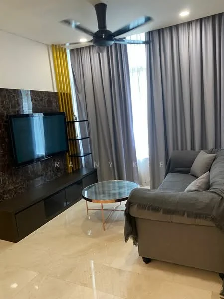 Living features: 3-seater fabric sofa in grey, coffee table with glass top, wall-mounted TV, TV console with storage, ceiling fan, curtains in grey, marble tile flooring, accent wall with dark stone finish, decorative throw blanket; style: modern.