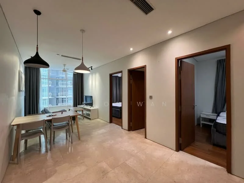 Living features: marble tile flooring, white painted walls, recessed downlights, 5-blade ceiling fan, black pendant light, dining table with four chairs, TV console, wall-mounted TV; style: modern. Bedroom features: wood flooring, grey curtains, double bed, nightstand, built-in wardrobe.