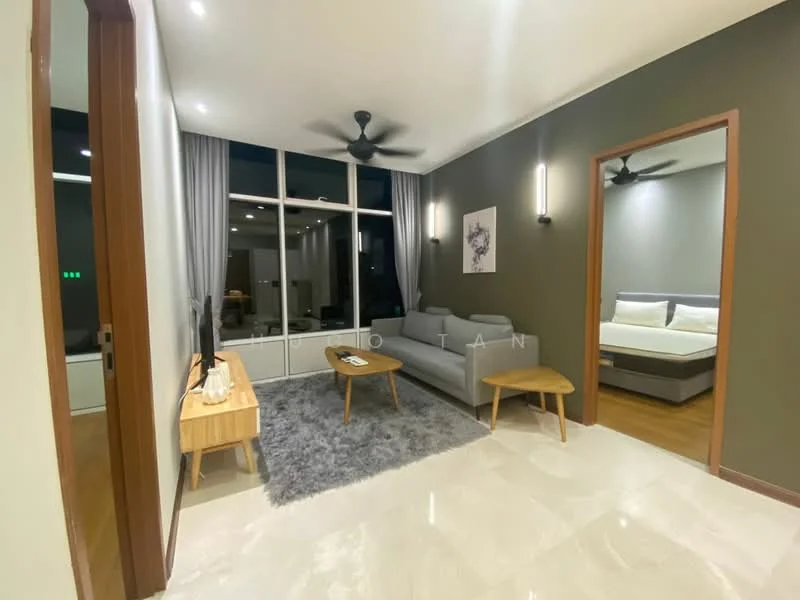 Living features: 3-seater fabric sofa in grey, wooden coffee table, area rug with geometric pattern, wall-mounted TV, 2 ceiling fans, floor-to-ceiling windows, white painted walls, marble tile flooring, decorative wall art, recessed downlights; style: modern. Room features: wooden door, light-colored walls, wooden flooring.
