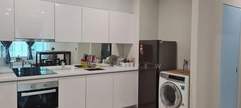 Kitchen features: white high-gloss cabinetry, black countertop, built-in oven, 4-burner induction hob, stainless-steel range hood, single-bowl stainless-steel sink, chrome pull-down faucet, refrigerator, front-load washing machine, open shelving, window with sheer curtains, dining table in background, tile backsplash; style: modern.